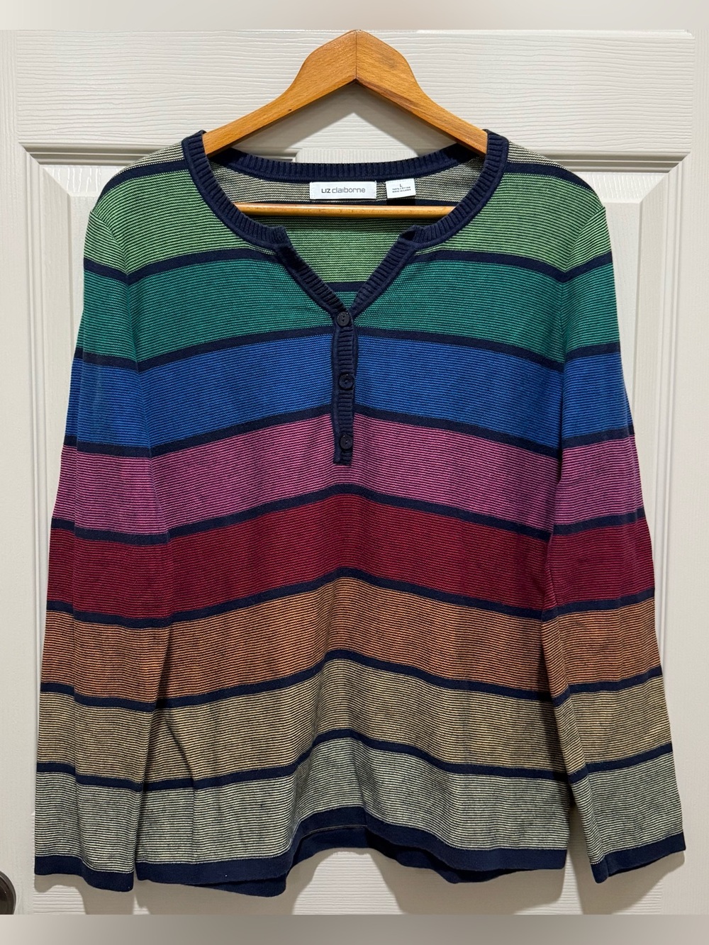 Liz Claiborne Henley Sweater L Rainbow Stripe Vintage Cotton Knit Pullover